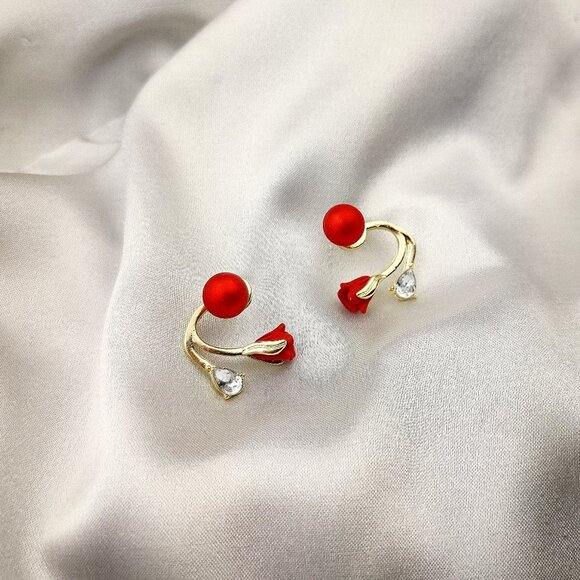 Tulip Crystal Stud Earrings Red - Picture 1 of 4